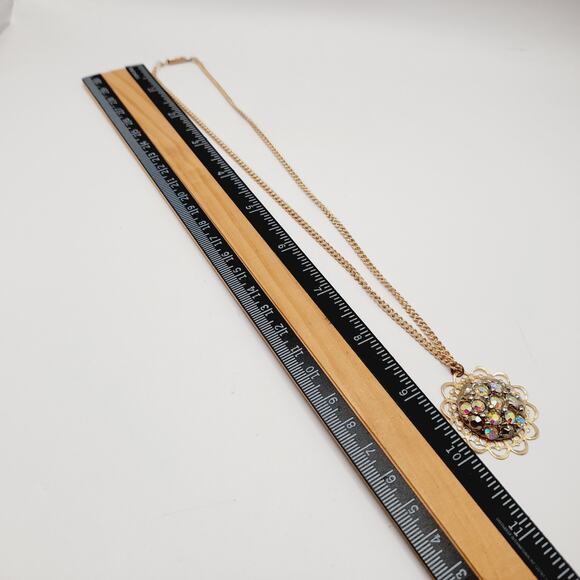 Vintage AB Rhinestone Filigree Pendant Necklace Gold Tone 18 Inch Chain - Picture 6 of 9